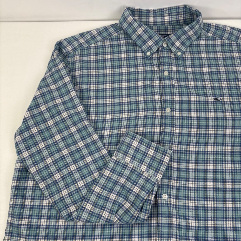 Vineyard Vines Mens Classic Fit Whale Shirt Blue Green Plaid Flannel Size XXL